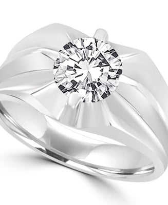 Platinum Plated Sterling Silver man's ring with a 2.0 cts.t.w. round cut Diamond Essence masterpiece. Enhances his appealing nonchalant attitude.