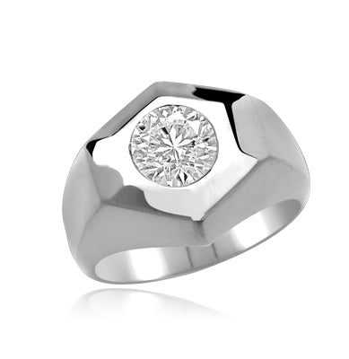 Classically Cut Man's Ring with an inviting 2.25Ct. Round Brilliant Cut Diamond Essence Masterpiece standing alone in equally awe inspiring setting. A great solo performance.In Platinum Plated Sterling Silver.