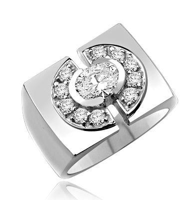 Man's ring, with 1.25 ct oval cut center stone, surrounded by melee stones encrusted horse shoes on side, 1.75 cts T.W. set in Platinum Plated Sterling Silver.