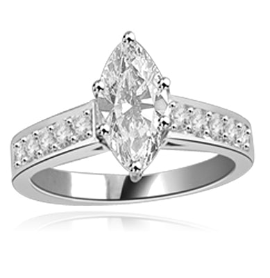 Classic Ring with a 1 Ct. Marquise Cut Diamond Essence Masterpiece in the center and an inriguing Melee of Channel Set Masterpieces down the band. 1.3 Cts. T.W, in Platinum Plated Sterling Silver.