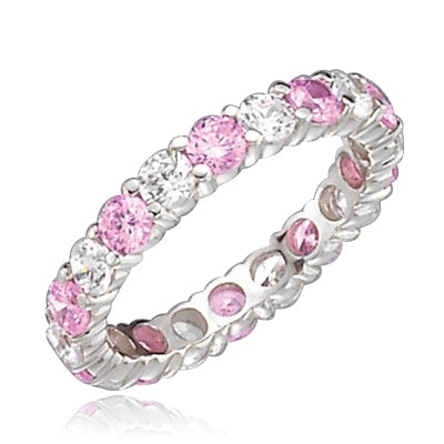 Pink & white round diamond eternity band of sterling silver