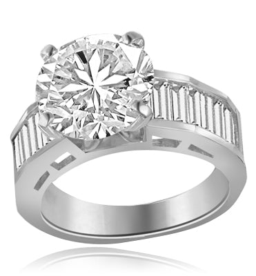 6 ct Solitaire set in Platinum plated on sterling silver on a wide band of baguettes