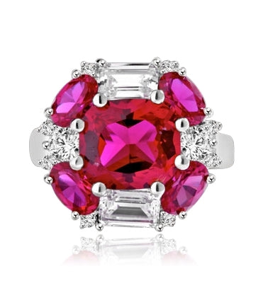 emerald cut and oval cut ruby stones with baguettes in silver ring