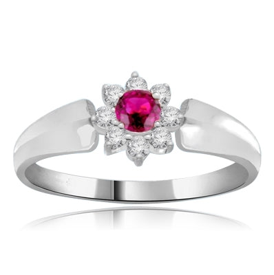 Little Ruby Flower Ring in Platinum Plated Sterling Silver