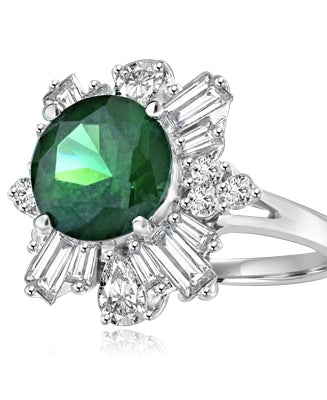 Dazzling ring of 2.5 ct round-cut Emerald Diamond Essence stone with petal baguettes of Diamond Essence round and teardrop masterpieces all around. 4.25 cts. T.W. set in Platinum Plated Sterling Silver.