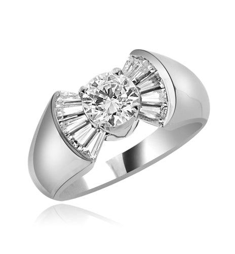 0.75ct Flaunt off round sits atop ring in silver