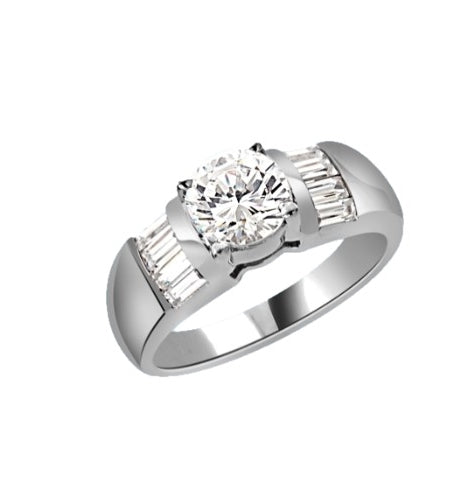 Classic ring with 1 carat Diamond Essence round brilliant with baguettes on each side. 2.0 cts.t.w. in Platinum Plated Sterling Silver.