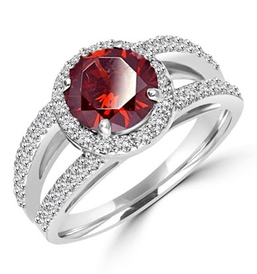Diamond Essence designer ring with 2.0 ct Round Chocolate Essence center surrounded by Round stones, 2.50 Cts. tw. in Platinum Plated Sterling Silver.