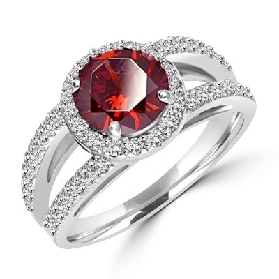 Diamond Essence designer ring with 2.0 ct Round Chocolate Essence center surrounded by Round stones, 2.50 Cts. tw. in Platinum Plated Sterling Silver.
