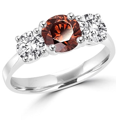 Diamond Essence three stone ring with 1.0 ct Round Chocolate Essence center and 0.5 ct. Round stones on each side, 2.0 ct. tw. in Platinum Plated Sterling Silver.