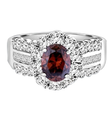 Diamond Essence Designer Ring with 1.0 ct. Oval cut Chocolate center surrounded by round stones and three rows of Diamond Essence stones, Princess in middle and Round on each side. 4.00 ct. T.W. set in Platinum Plated Sterling Silver.