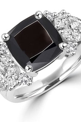 Diamond Essence Designer ring with 4.0 ct. Onyx center with round, marquies and heart shaped stones on each side, 6.5 ct. tw. in Platinum Plated Sterling Silver.
