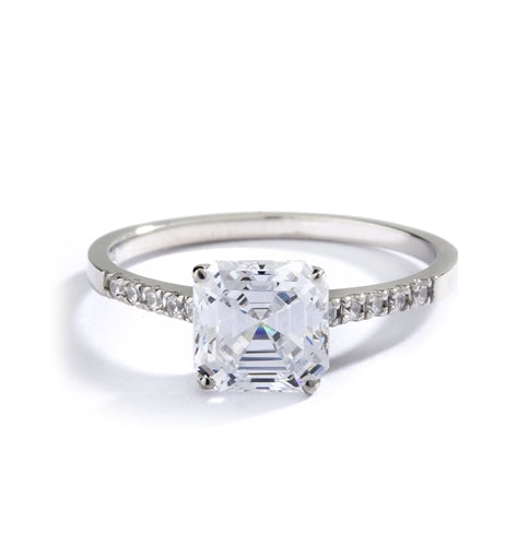 Diamond Essence Designer ring with 2.0 ct. Asscher cut Diamond Essence center with round stones on band, 2.10 ct. tw. in Gold Vermeil.