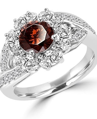 Diamond Essence Designer Ring with 1.0 ct. round Chocolate stone in center, surrounded by Oval stone and small round stones on each side of band. 3 cts. tw. set in Platinum Plated Sterling Silver.