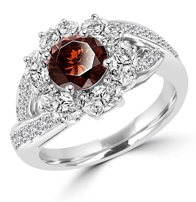 Diamond Essence Designer Ring with 1.0 ct. round Chocolate stone in center, surrounded by Oval stone and small round stones on each side of band. 3 cts. tw. set in Platinum Plated Sterling Silver.