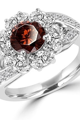 Diamond Essence Designer Ring with 1.0 ct. round Chocolate stone in center, surrounded by Oval stone and small round stones on each side of band. 3 cts. tw. set in Platinum Plated Sterling Silver.