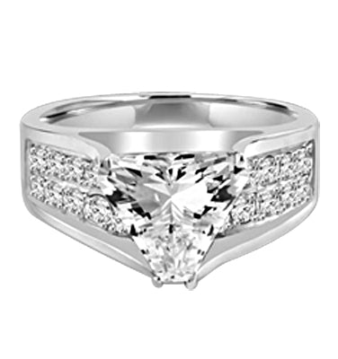 Magnificent Ring with 4Ct. Trilliant Cut Center adorning the mount on a glimmering band with melee of Round brilliant accents. 5.5 Cts. T.W. set in Platinum Plated Sterling Silver.