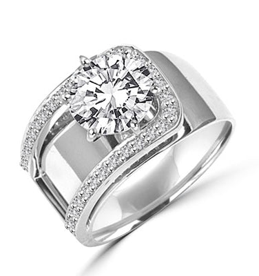 Beauty to Behold. A unique design with 2 Ct. Center and ascending band with round melees. 2.5 Cts. T.W. In Platinum Plated Sterling Silver.