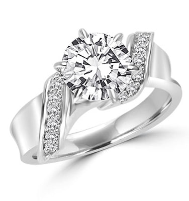Intertwined Love! Brilliant 2 Ct Center in perfect harmony with twirling band of Round Stones. 2. 5 Cts. T.w. In Platinum Plated Sterling Silver.