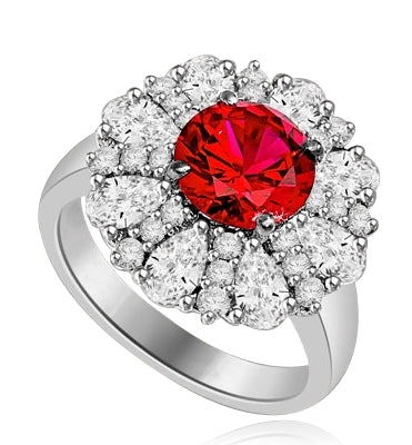 Diamond and Ruby Ring - Outstanding Ring with 2.0 cts. Round Ruby Essence in Center surrounded by Pear cut Diamond Essence and Melee. 5.5 Cts. T.W. set in Platinum Plated Sterling Silver.