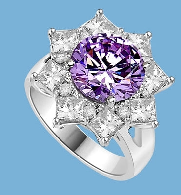 Designer Ring with 3.5 Cts. Round Lavender Essence in center surrounded by Princess Cut Diamond Essence and Melee, making a Beautiful Floral Design. 6.5 Cts. T.W. set in Platinum Plated Sterling Silver.