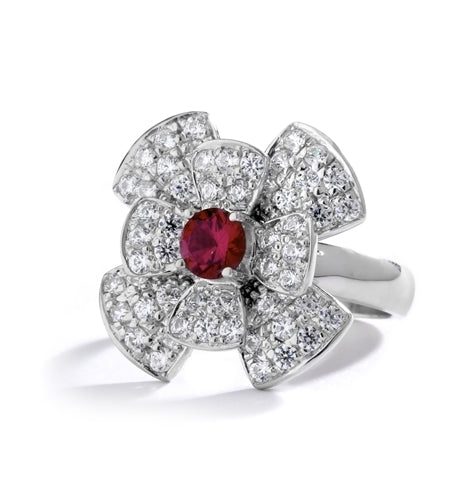 Stack of flowers - 0.65 Ct. Round Ruby Essence set in center of floral design Melee setting. 3.0Cts. T.W. set in Platinum Plated Sterling Silver.