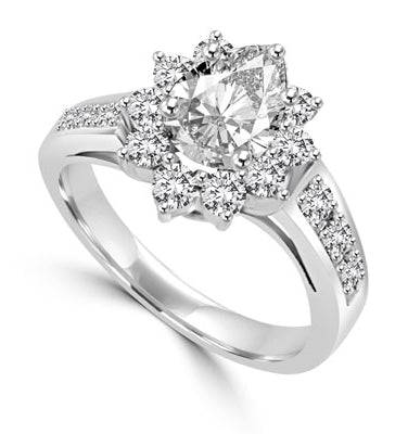 Wide Band Flower Ring sparkles with 1.5 Cts. Oval Center and Round Brilliant Accents and Melee on the band. In Platinum Plated Sterling Silver.