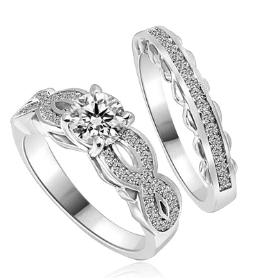 Wedding Set- 1.0 Ct. Round Brilliant Diamond Essence in center with Melee set in intervening design on either side and wedding band with delicately set Melee. 1.35 Cts. T.W. set in Platinum Plated Sterling Silver.