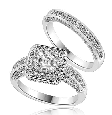 Wedding set with sparkles all around-1.25 Cts. Asscher cut Diamond Essence set in the center, outlined with Melee around and on the band. Curved matching band with sparkling melee. 2.75 Cts. T.W. in Platinum Plated Sterling Silver.
