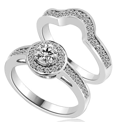 An attractive Wedding Set with 0.50 Ct. Round Brilliant Diamond Essence set in eight prong setting in center with Melee around and on band. The matching Band is curved in center, to fit with main Ring. 1.0 Cts. T.W. set in Platinum Plated Sterling Silver.