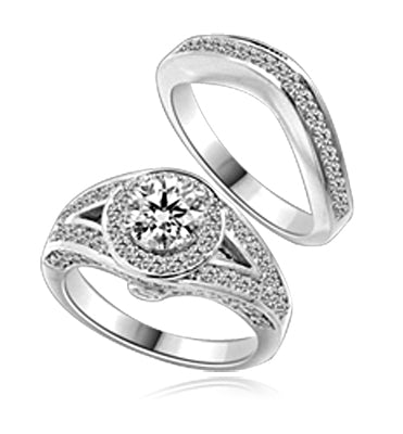 Wedding Set - 1.0 Ct. Round Brilliant Diamond Essence in center with Melee set in intervening design on either side and Wedding band with delicately set Melee. 2.35 Cts. T.W. in Platinum Plated Sterling Silver.