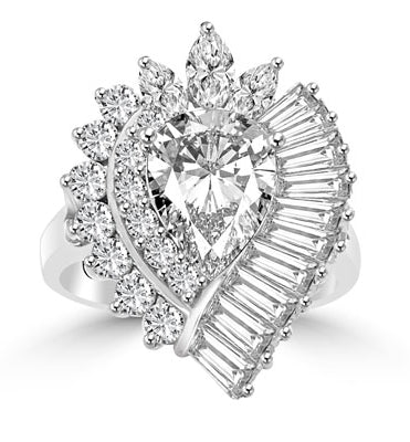 Cocktail Ring with 2.50 cts. Pear cut Diamond Essence in the center,artistically surrounded by Baguettes, Marquise and Round Brilliant stones, 7.0 cts.t.w. set in Platinum Plated Sterling Silver.