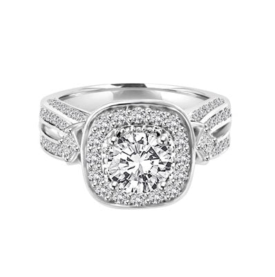 1.50 cts. Round Brilliant Diamond Essence in the center Surrounded by Melee, accompanied by Princess cut Diamond Essence and rows of Sparkling Melee on each side of the band, 3.0 cts. t.w.