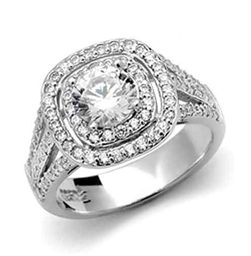Platinum Plated Sterling Silver Diamond Essence Designer Ring With 1 Ct. Round Brilliant Center Surrounded By Melee And Three Rows Of Melee On the Band Enhance the Beauty, 2.50 Cts.T.W.