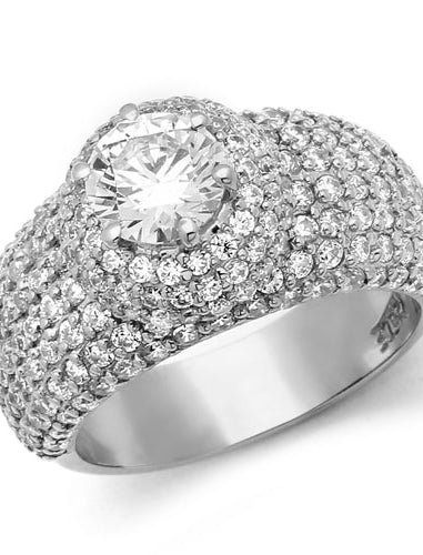 Diamond Essence Designer Cocktail Ring With 1 Ct. Round Brilliant Center Set On Dome Pave Setting Melee, 3 Cts.T.W. In Platinum Plated Sterling Silver.
