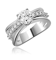Diamond Essence Designer Trail Blazing Trend Setter Ring With 1.25 Cts. Round Brilliant sets atop on a Band with Round Melee , 1.75 Cts.T.W in Platinum Plated Sterling Silver.