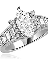 Diamond Essence Designer Ring With Marquise cut Diamond Essence, 1.50 Cts set in six prongs and Diamond Essence Melee on two sides on curved bars,The band is enhanced with Diamond Essence baguettes, 3.50 Cts.T.W. in Platinum Plated Sterling Silver.