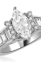 Diamond Essence Designer Ring With Marquise cut Diamond Essence, 1.50 Cts set in six prongs and Diamond Essence Melee on two sides on curved bars,The band is enhanced with Diamond Essence baguettes, 3.50 Cts.T.W. in Platinum Plated Sterling Silver.