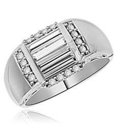 Diamond Essence Designer Ring with Three Baguettes in Center and Melee on all four sides set in Platinum Plated Sterling Silver, 1.50Cts.T.W.