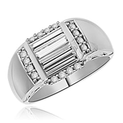 Diamond Essence Designer Ring with Three Baguettes in Center and Melee on all four sides set in Platinum Plated Sterling Silver, 1.50Cts.T.W.