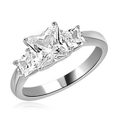 Diamond Essence Three Princess Stones Ring with 1.50 Cts. Center and 0.25 Cts. on each side,2 Cts.T.W. set in Platinum Plated Sterling Silver.