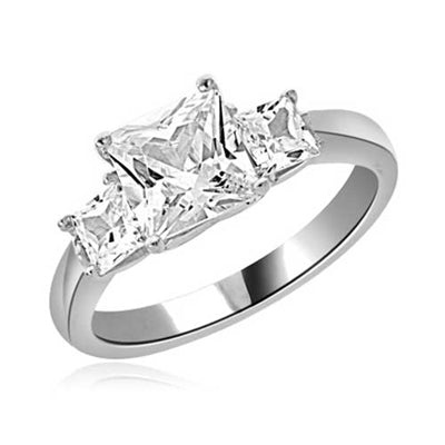 Diamond Essence Three Princess Stones Ring with 1.50 Cts. Center and 0.25 Cts. on each side,2 Cts.T.W. set in Platinum Plated Sterling Silver.