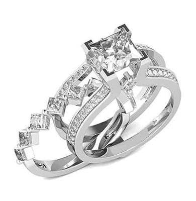 Diamond Essence Designer Wedding set with insertable wedding ring of 0.10 ct. each princess melee. Main band with 2 carat Princess cut center and round melee on the band. Beautiful wedding set with 3.5 Cts.t.w. in Platinum Plated Sterling Silver