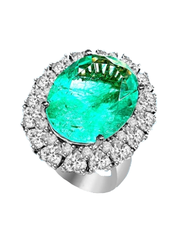 Perfect For Party- Cocktail Ring with Oval Cut Emerald Essence in center surrounded by Heart shape Diamond Essence and Melee. 20.0 Cts. T.W. set in Platinum Plated Sterling Silver.