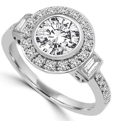 Diamond Essence Designer Ring with 1.50 Cts. Round Brilliant Center Surrounded By Brilliant Melee And Baguettes, 2.0 Cts.T.W. In Platinum Plated Sterling Silver.