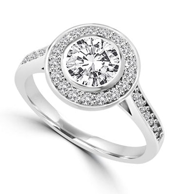 Diamond Essence Bezel set Ring with 1 Ct. Round Brilliant And Surrounding Melee, 1.25 Cts. T.W. In Platinum Plated Sterling Silver.