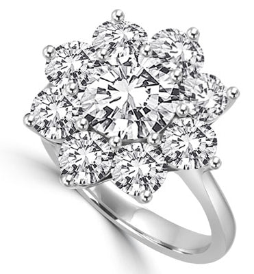 Diamond Essence Floral Design Ring with 2 Cts. Round Brilliant Center and 0.30 Ct. Each In Surrounding, 4.40 Cts.T.W. In Platinum Plated Sterling Silver.