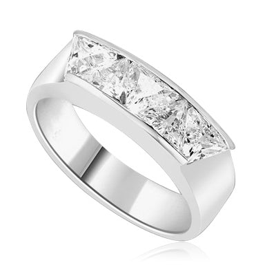 Men's Ring with five Chanel set, Triangle cut Diamond Essence. 1.5 Cts T.W. set in Platinum Plated Sterling Silver.