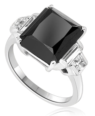 Onyx Ring - 6.0 Cts. Radiant Emerald cut Onyx Essence set in four prongs, accompanied by channel set Diamond Essence Baguettes and Princess cut stones on either side. 7.0 Cts.T.W. set in Platinum Plated Sterling Silver.