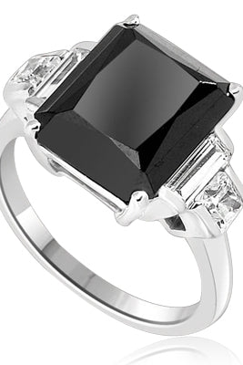 Onyx Ring - 6.0 Cts. Radiant Emerald cut Onyx Essence set in four prongs, accompanied by channel set Diamond Essence Baguettes and Princess cut stones on either side. 7.0 Cts.T.W. set in Platinum Plated Sterling Silver.